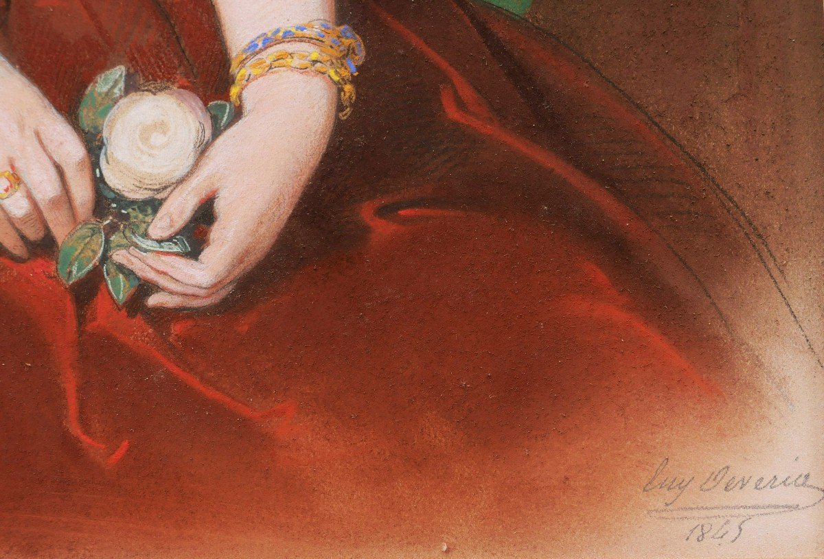 Eugène Deveria, Portrait Of A Woman Holding A Rose-photo-4