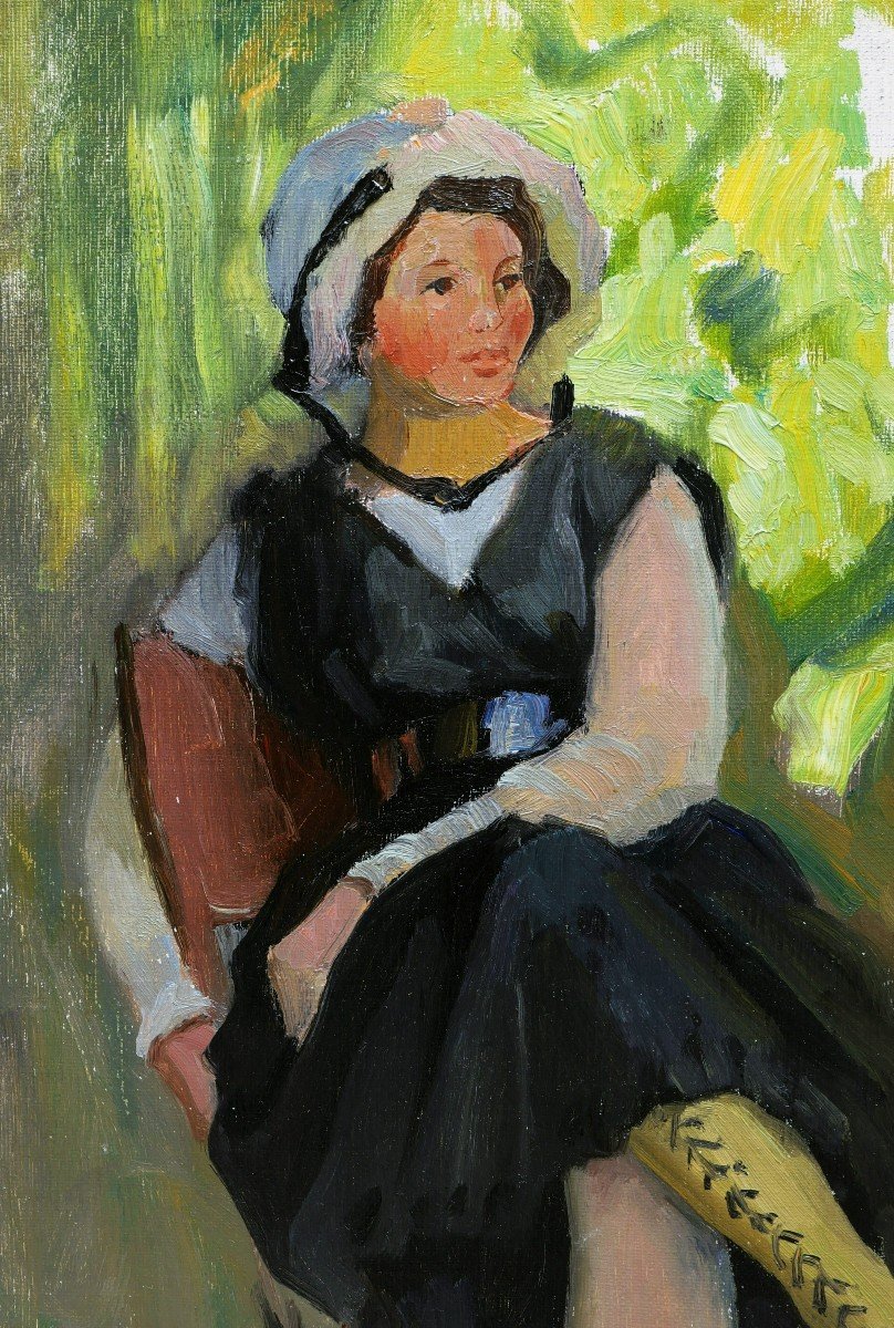 École FRANÇAISE, premier quart du XXème siècle, Jeune femme assise au jardin-photo-2