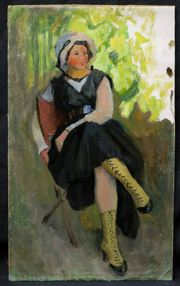 École FRANÇAISE, premier quart du XXème siècle, Jeune femme assise au jardin-photo-3
