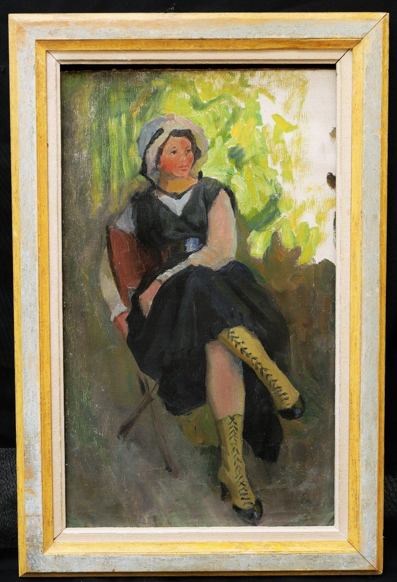 École FRANÇAISE, premier quart du XXème siècle, Jeune femme assise au jardin-photo-1