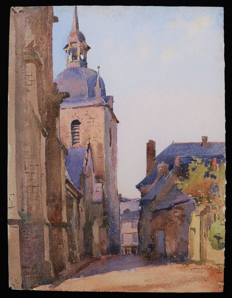 André Alfred DEBERGUE, Vue du clocher de l'église Notre-Dame à Josselin-photo-2