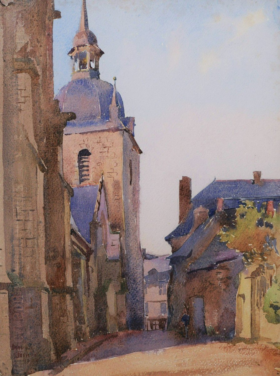 André Alfred DEBERGUE, Vue du clocher de l'église Notre-Dame à Josselin