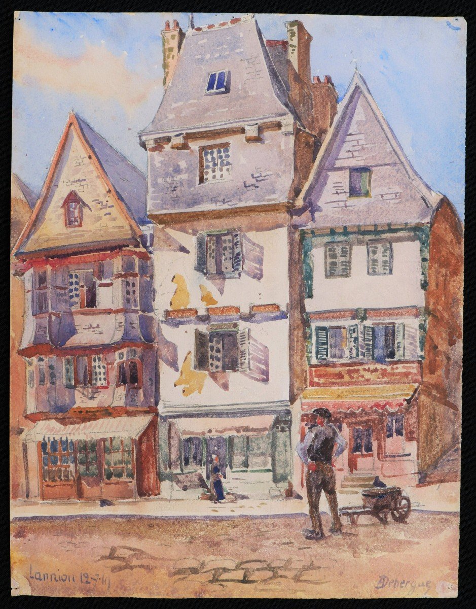 André Alfred DEBERGUE, Rue animée à Lannion dans les Côtes d'Armor-photo-4
