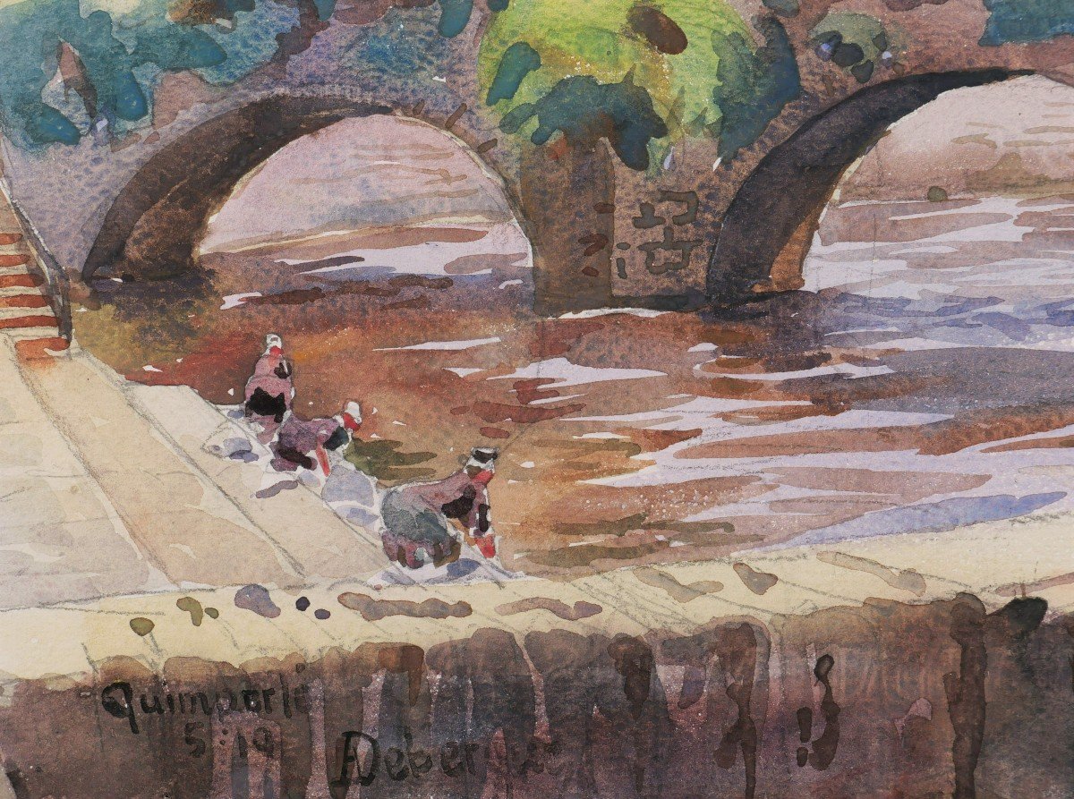 André Alfred Debergue, Washerwomen Under The Lovignon Bridge In Quimperlé-photo-3