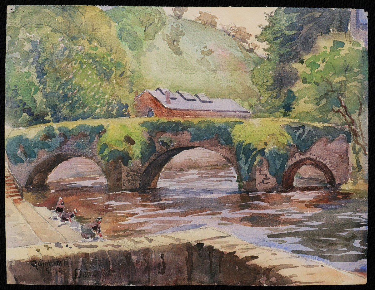 André Alfred Debergue, Washerwomen Under The Lovignon Bridge In Quimperlé-photo-4