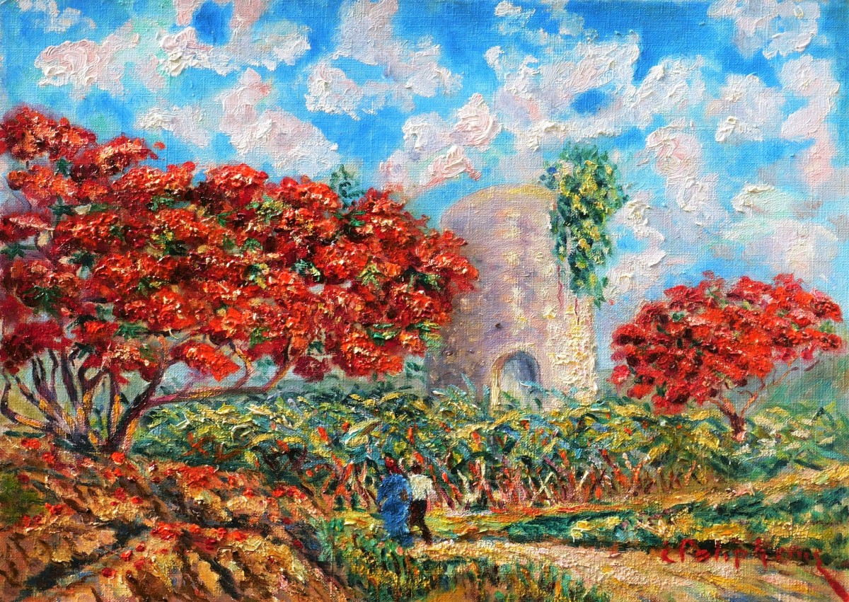 Émile POLIPHENE, La Tour du Père Labat entourée de flamboyants