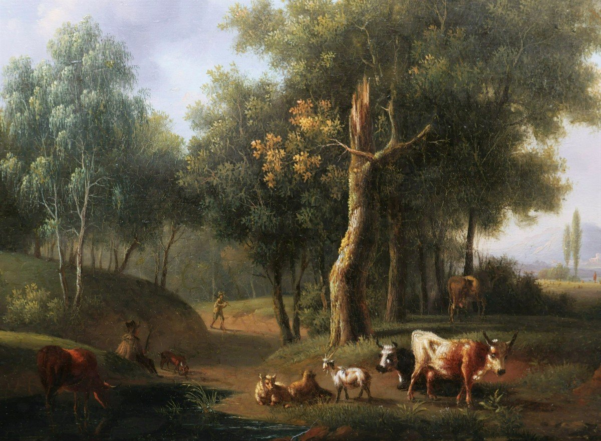 Ignace Joseph Van Regemorter, Figures And Herd In An Idealized Landscape-photo-2