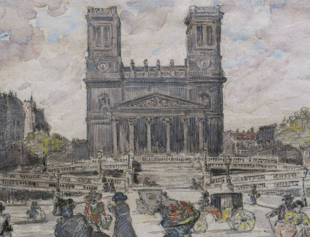 Gustave FRANTZEN, Scène animée rue la Fayette avec l'église Saint-Vincent-de-Paul-photo-2