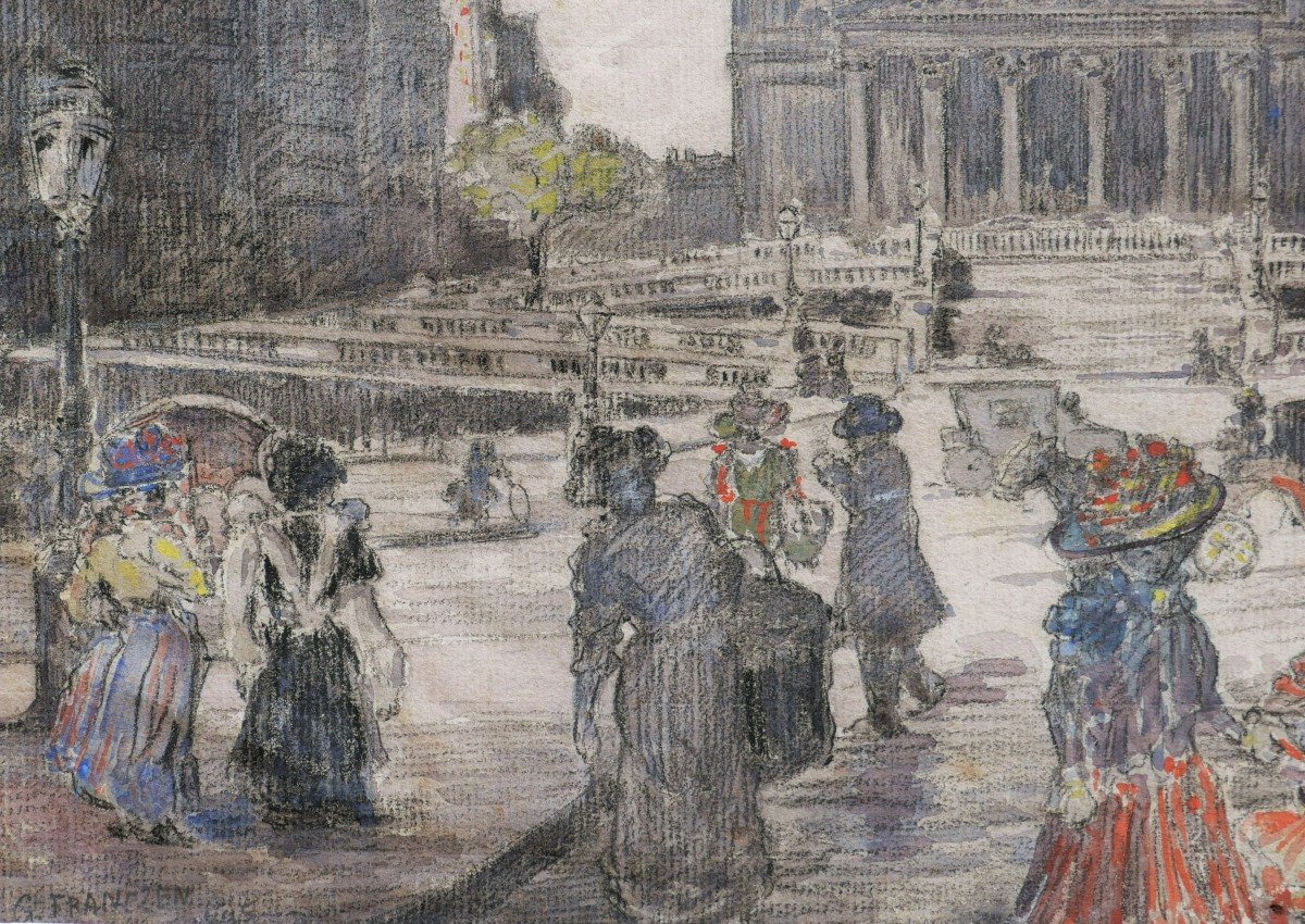 Gustave FRANTZEN, Scène animée rue la Fayette avec l'église Saint-Vincent-de-Paul-photo-3