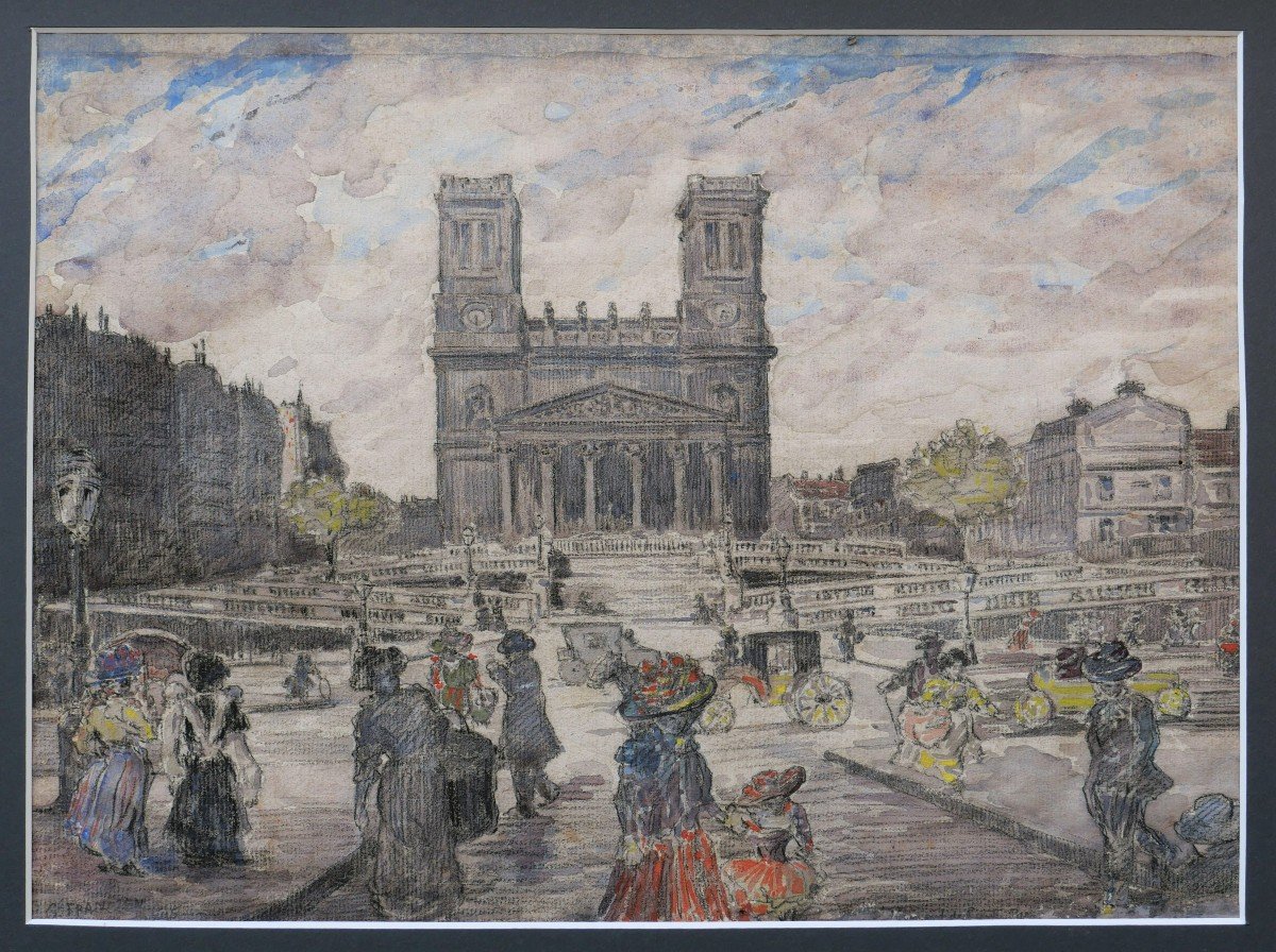 Gustave FRANTZEN, Scène animée rue la Fayette avec l'église Saint-Vincent-de-Paul-photo-2