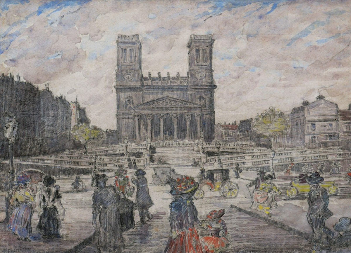 Gustave FRANTZEN, Scène animée rue la Fayette avec l'église Saint-Vincent-de-Paul