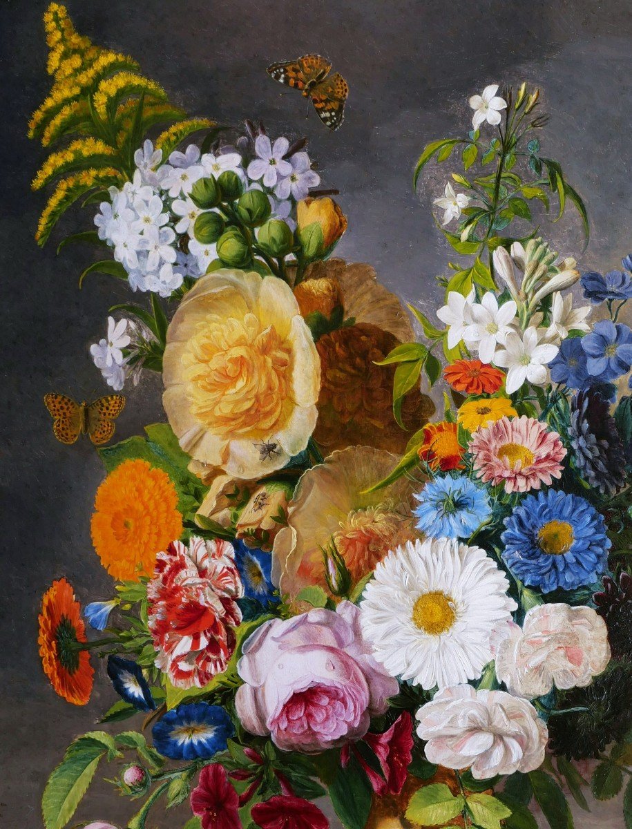French School Circa 1840, Still Life With Vase Of Flowers, Fruits And Insects (large Format)-photo-3