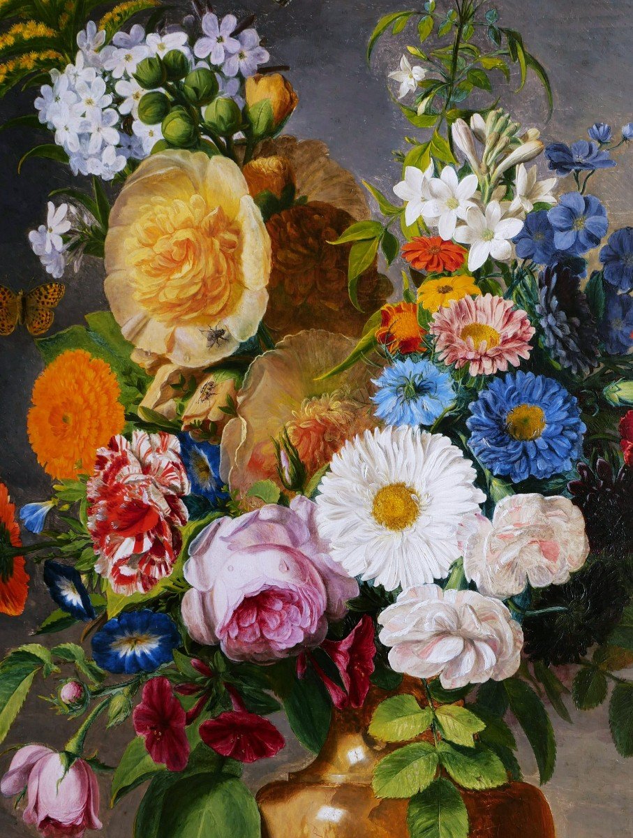 French School Circa 1840, Still Life With Vase Of Flowers, Fruits And Insects (large Format)-photo-4