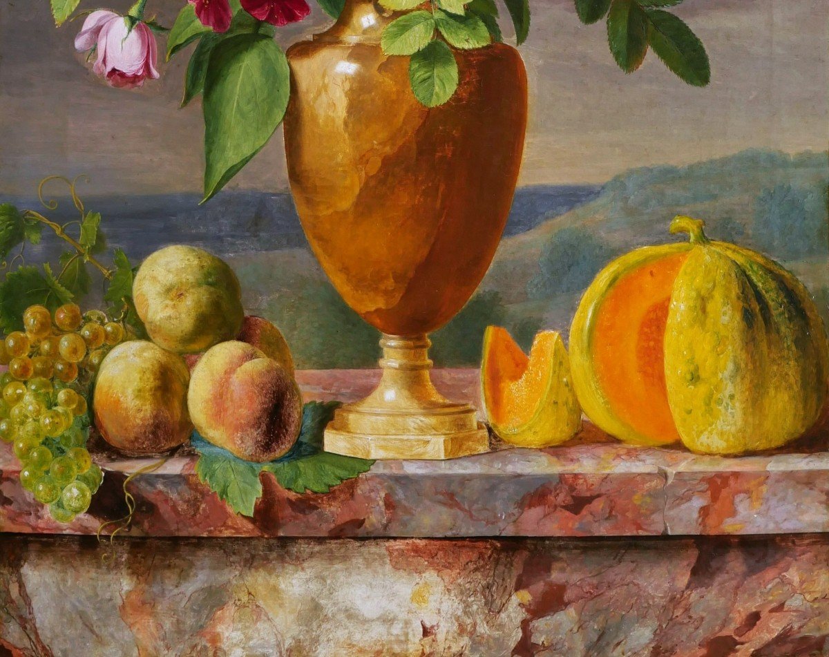 French School Circa 1840, Still Life With Vase Of Flowers, Fruits And Insects (large Format)-photo-1