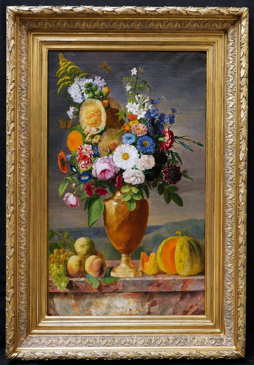 French School Circa 1840, Still Life With Vase Of Flowers, Fruits And Insects (large Format)-photo-2