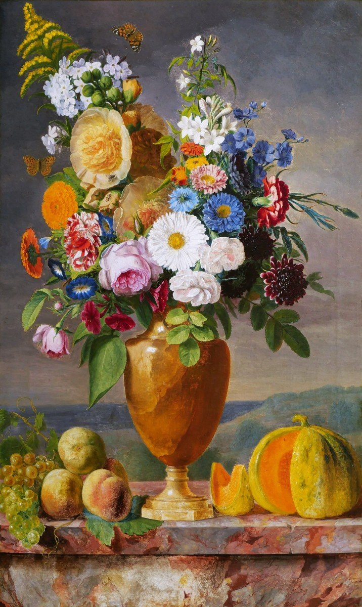 French School Circa 1840, Still Life With Vase Of Flowers, Fruits And Insects (large Format)