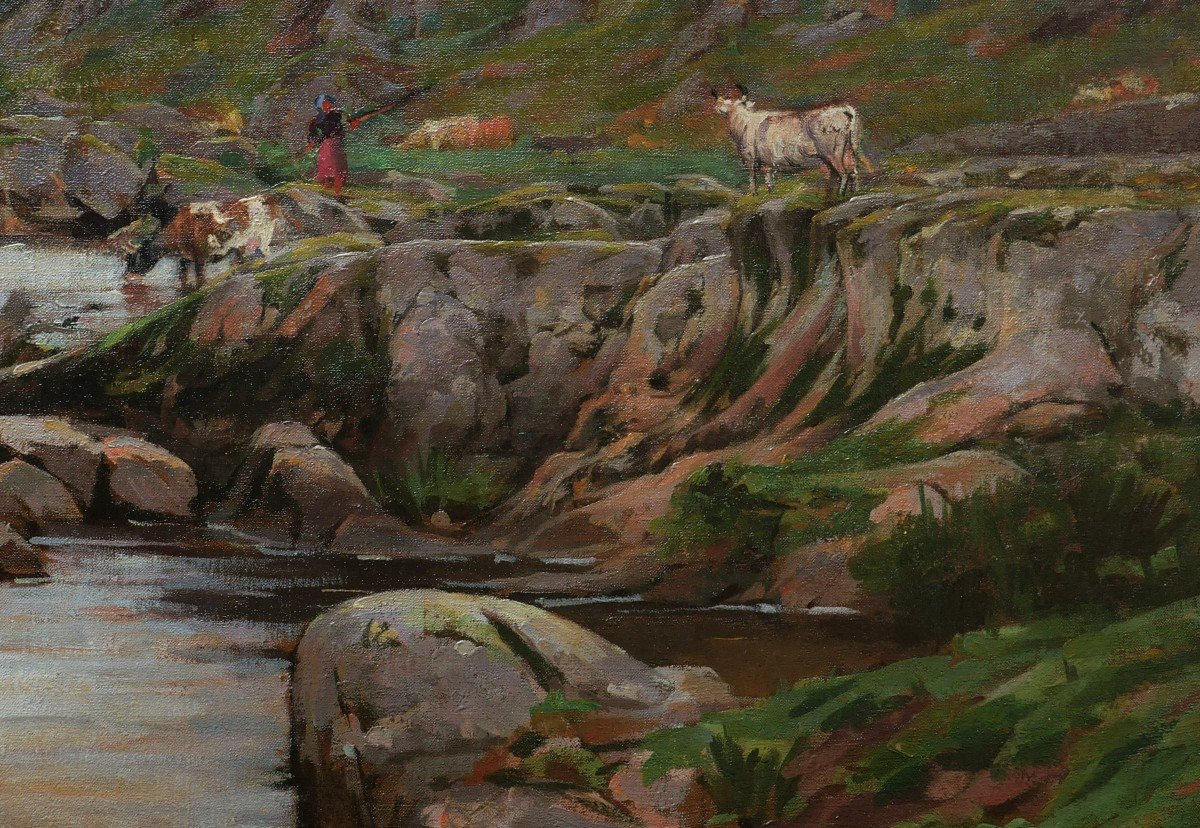Jules ROUSSET, Vaches s'abreuvant à la rivière dans un paysage montagneux (GRAND FORMAT)-photo-3