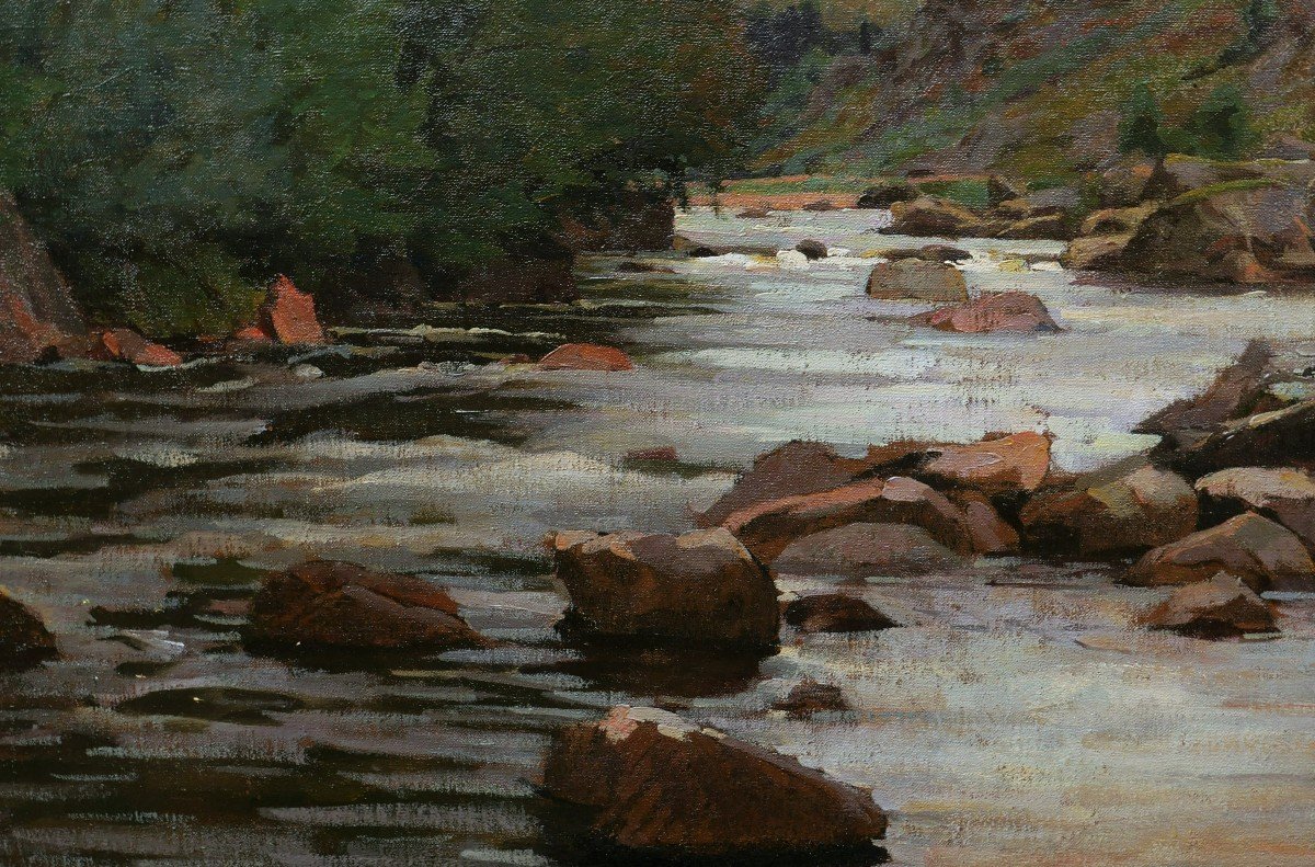Jules Rousset, Cows Drinking From The River In A Mountainous Landscape (large Format)-photo-4