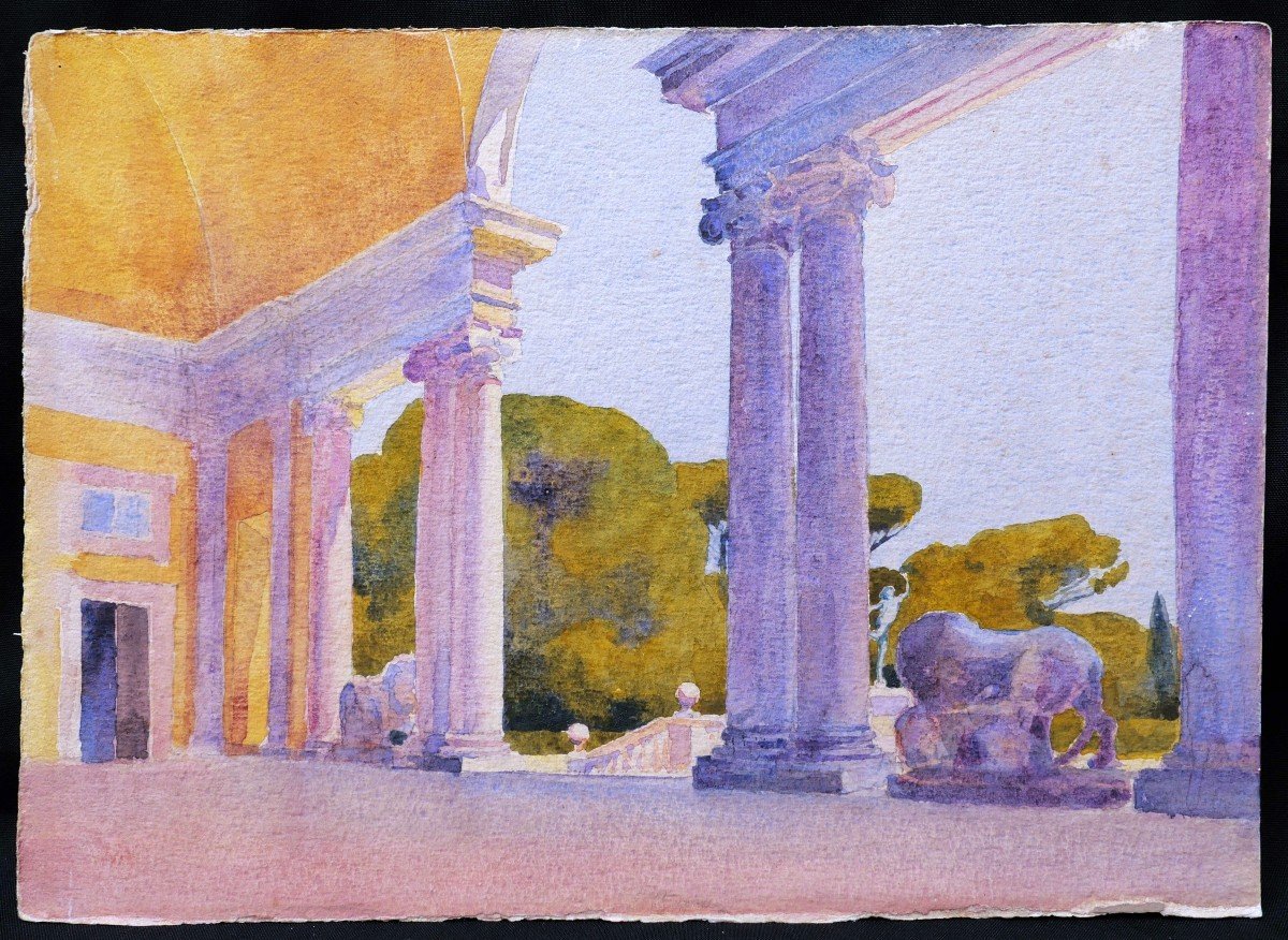 Charles Louis BOUSSOIS, Vue de la Villa Médicis à Rome : les jardins depuis la Loggia dei Leoni-photo-4
