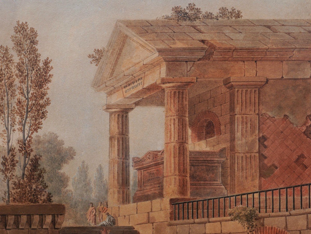 Attributed To Charles-louis Clérisseau, Animated Landscape In Front Of An Ancient Temple-photo-3