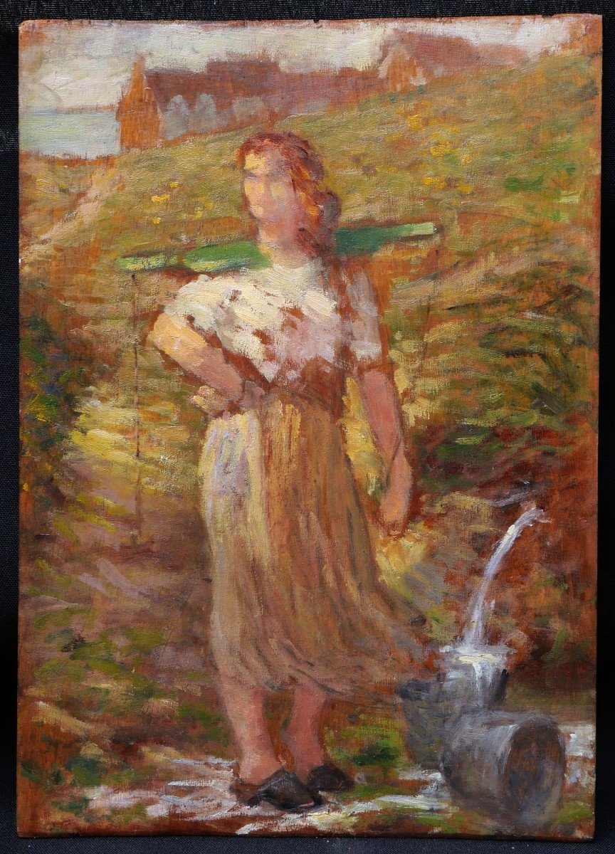 Paul SIEFFERT, Femme à la palanche dans un paysage breton en bord de mer / Maison bretonne-photo-3