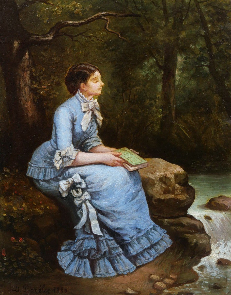 J. BORÉLY, Femme assise en forêt, un livre à la main