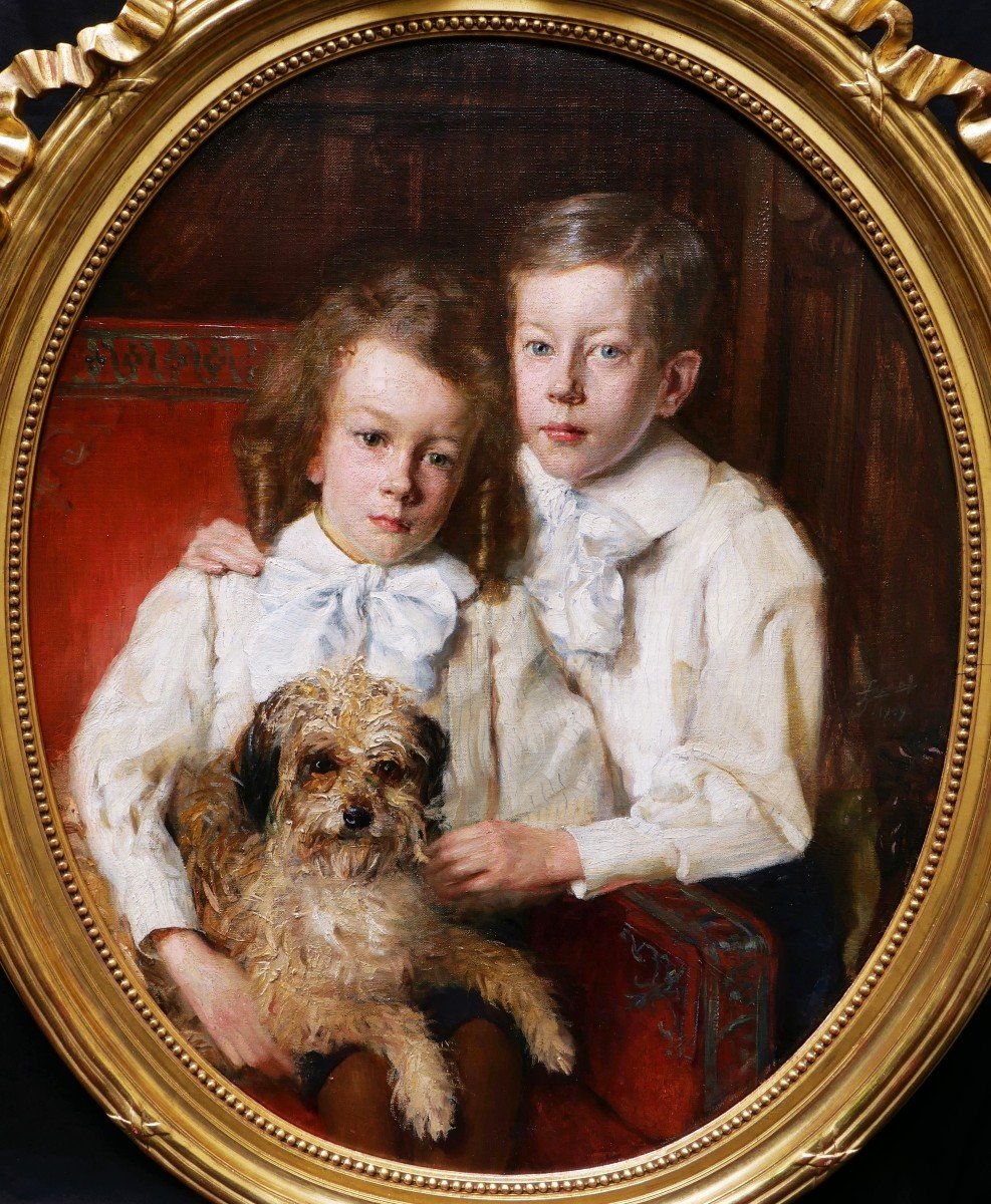 Lucien Hector JONAS, Portrait de deux enfants avec leur chien-photo-2