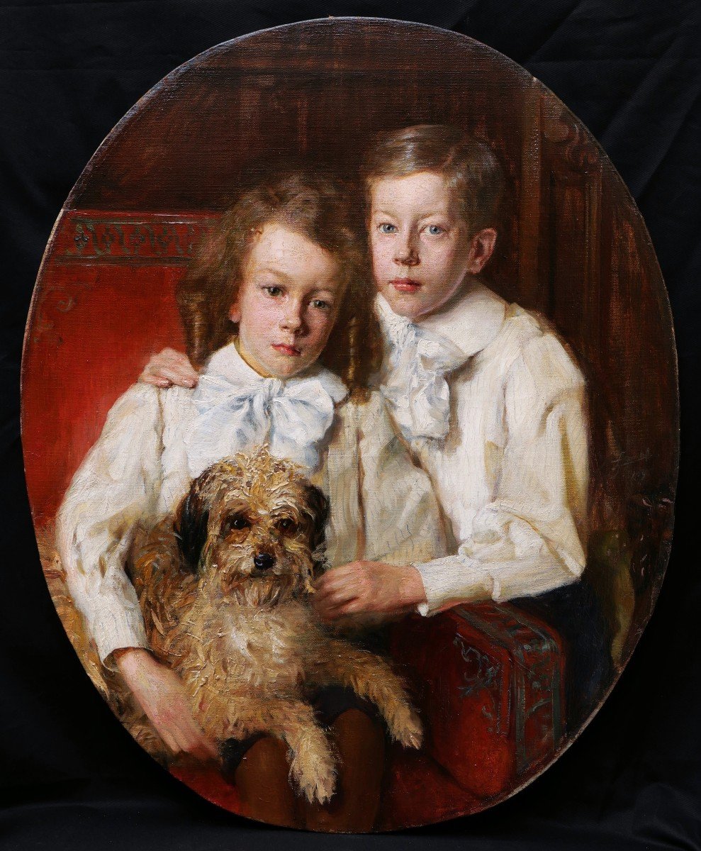 Lucien Hector JONAS, Portrait de deux enfants avec leur chien-photo-1