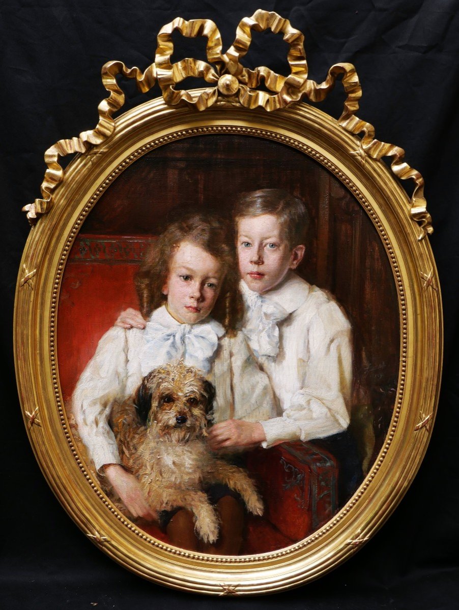Lucien Hector JONAS, Portrait de deux enfants avec leur chien
