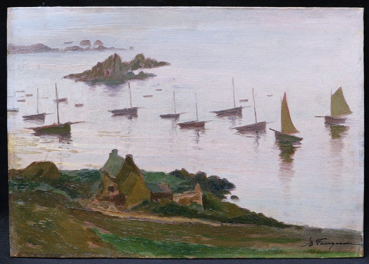 Adolphe FAUGERON, Bateaux au mouillage à l'Île Verte, Locquirec-photo-1