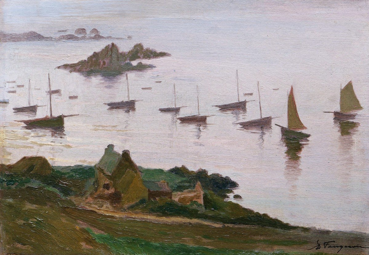 Adolphe FAUGERON, Bateaux au mouillage à l'Île Verte, Locquirec