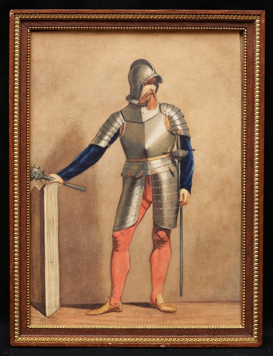 Alessandro Azzo CAVAZZA , Soldat de la Renaissance en armure, tenant une masse-photo-3