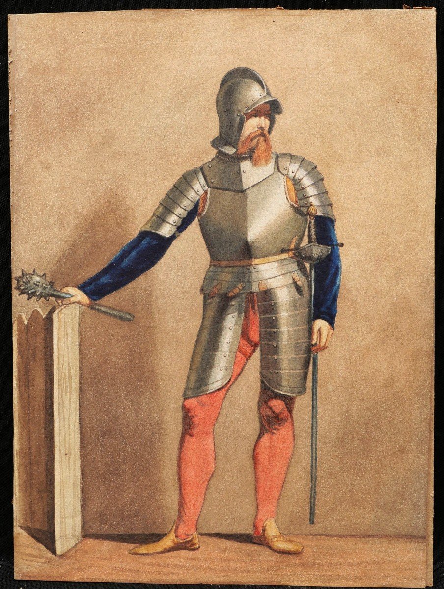 Alessandro Azzo CAVAZZA , Soldat de la Renaissance en armure, tenant une masse-photo-4