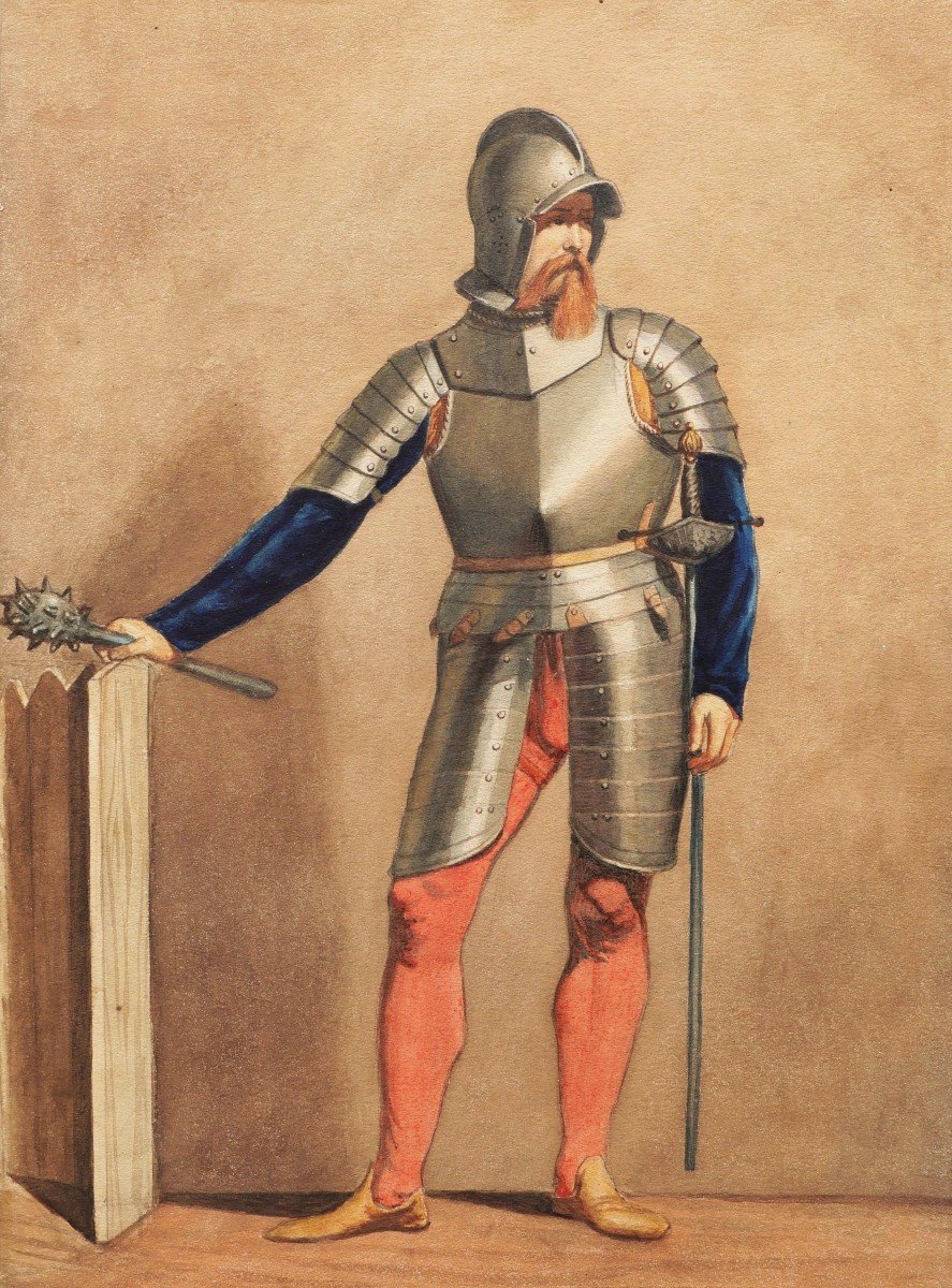 Alessandro Azzo CAVAZZA , Soldat de la Renaissance en armure, tenant une masse