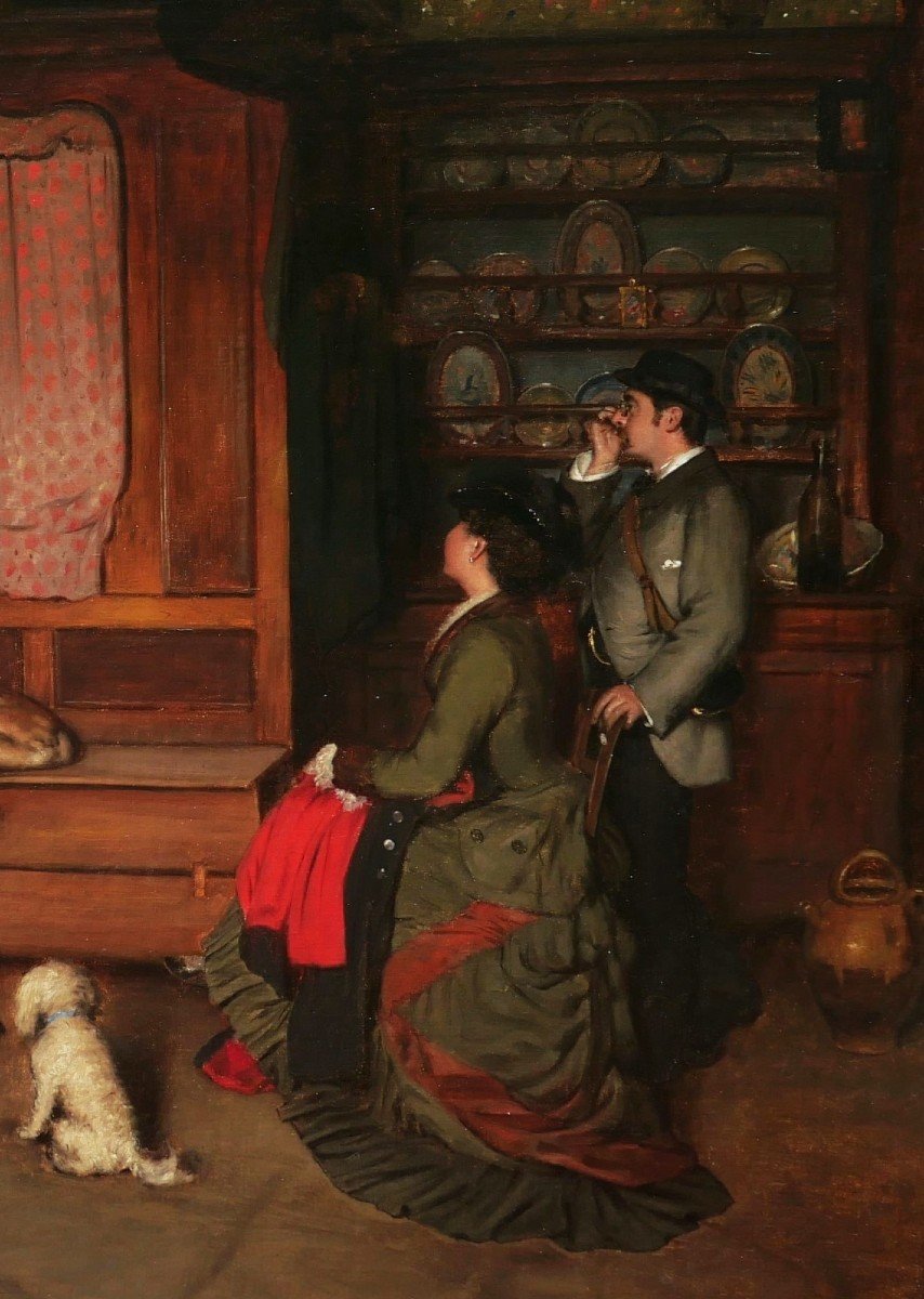 Charles Auguste CORBINEAU, Famille de paysans et couple de bourgeois dans un intérieur-photo-2