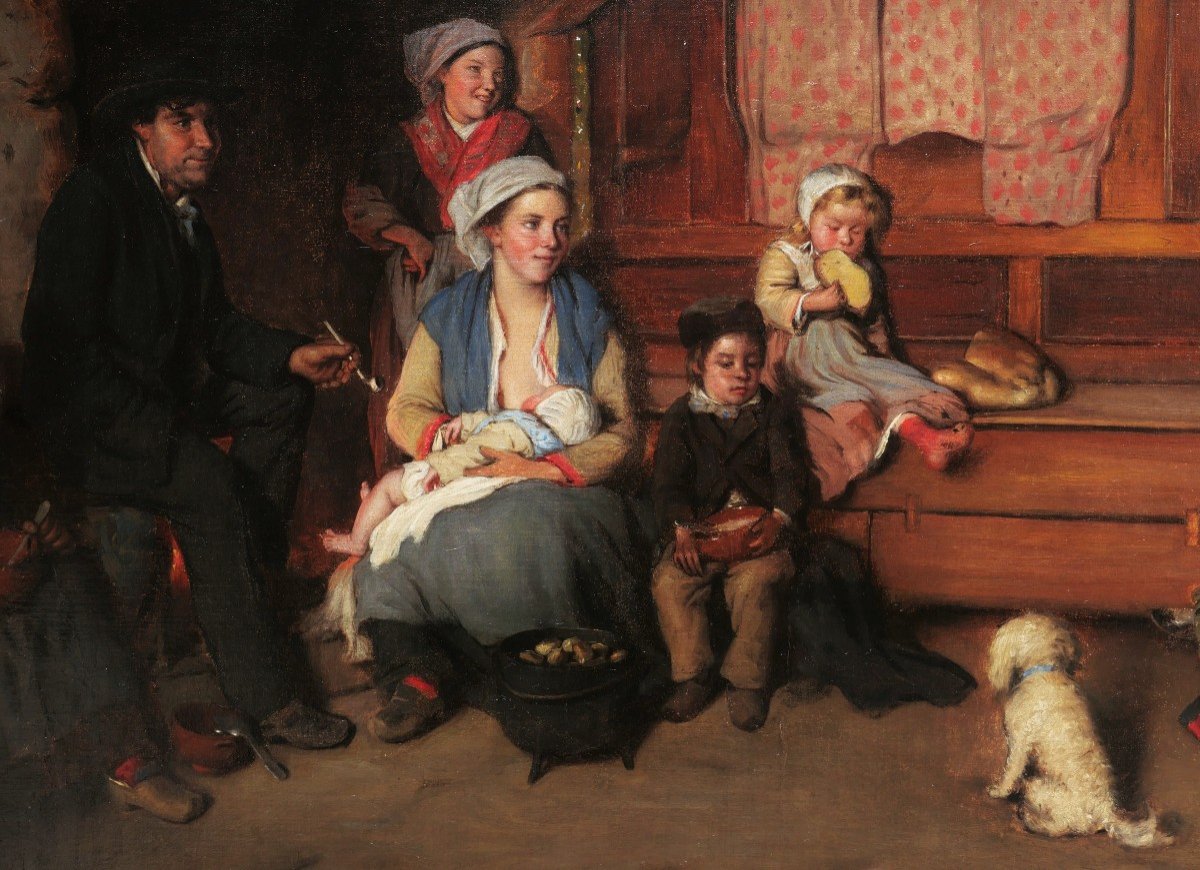 Charles Auguste CORBINEAU, Famille de paysans et couple de bourgeois dans un intérieur-photo-3