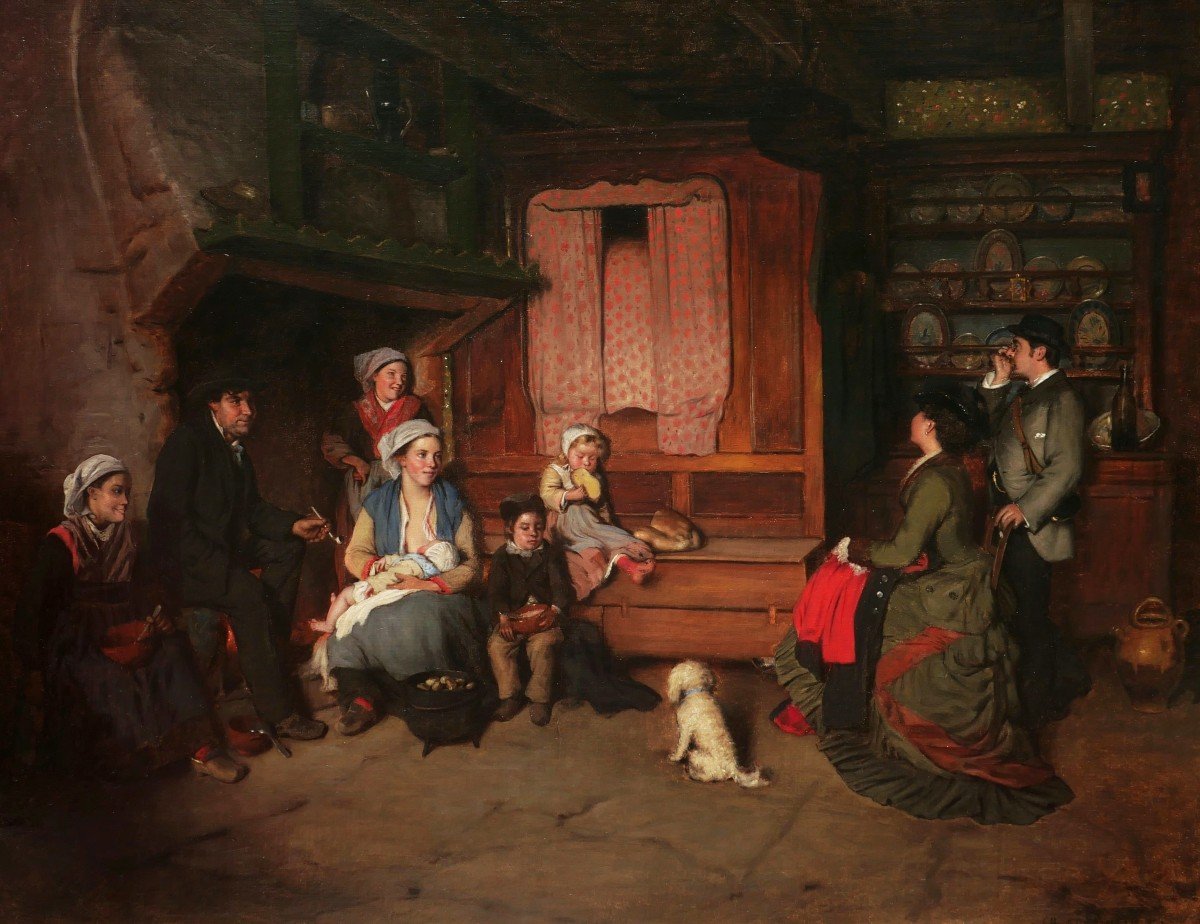 Charles Auguste CORBINEAU, Famille de paysans et couple de bourgeois dans un intérieur