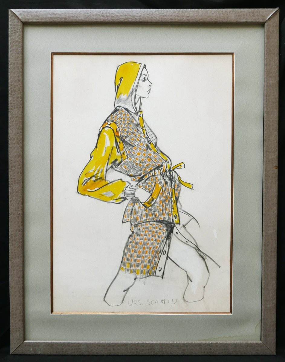 Urs Schmid For Yves Saint-laurent, Model Wearing A Yellow Hooded Outfit-photo-1