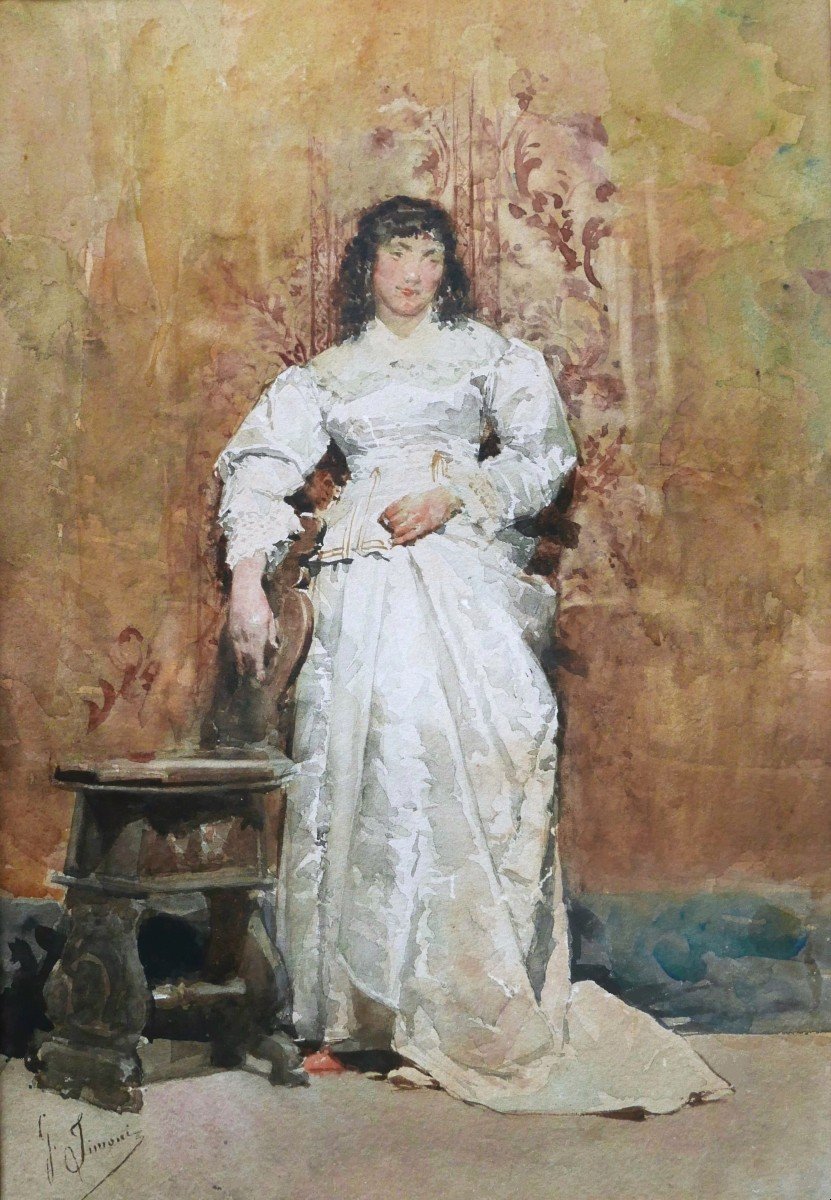 Gustavo SIMONI, Femme en robe blanche dans un intérieur Renaissance