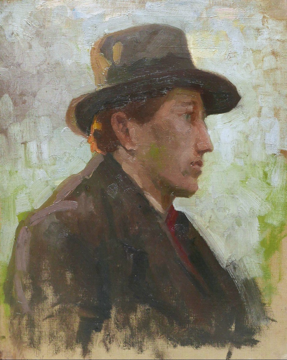 École FRANÇAISE circa 1900 - 1910, Portrait d'homme au chapeau de profil