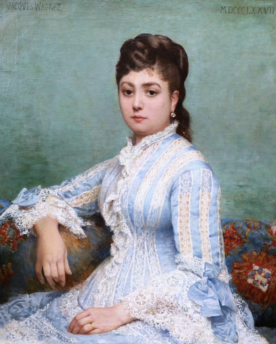 Jacques Clément Bernard WAGREZ , Portrait de jeune femme en robe de dentelle