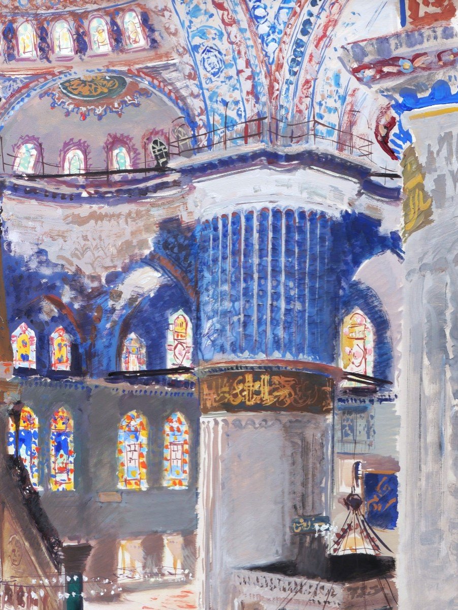 Albert BRENET, Vue intérieure animée de la Mosquée Bleue à Istanbul-photo-4