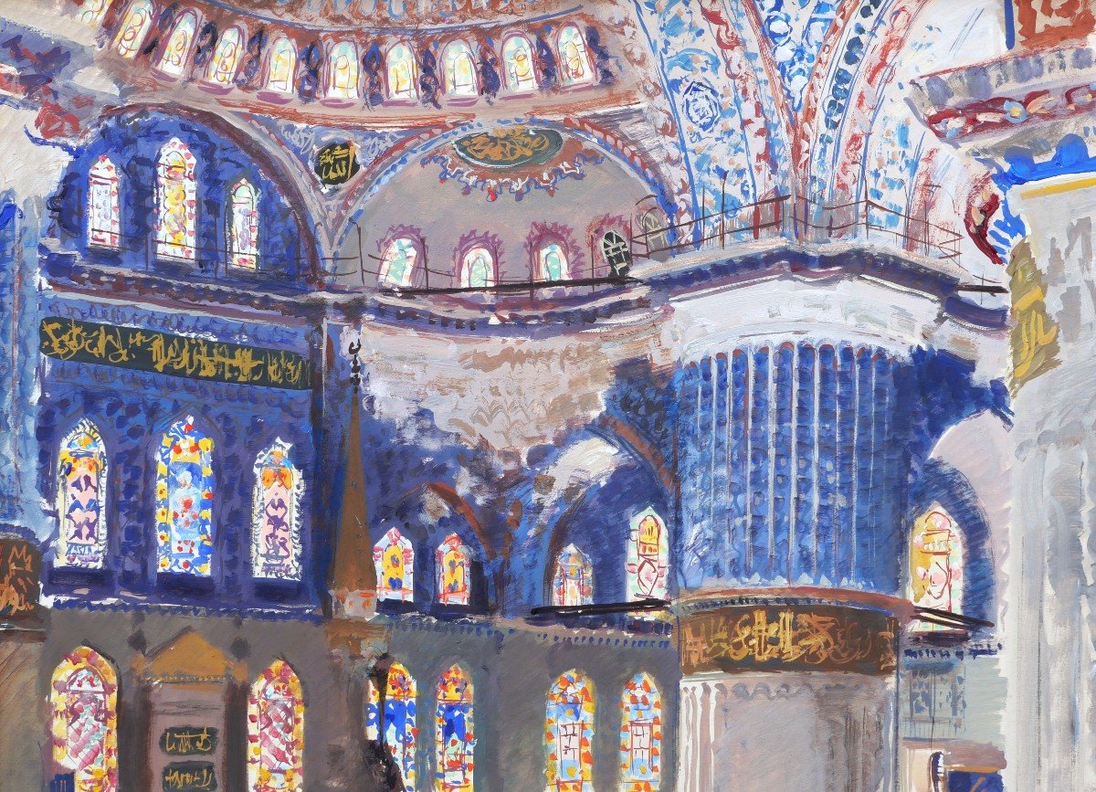 Albert BRENET, Vue intérieure animée de la Mosquée Bleue à Istanbul-photo-3