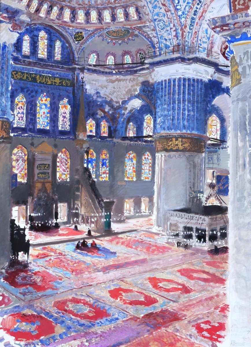 Albert BRENET, Vue intérieure animée de la Mosquée Bleue à Istanbul