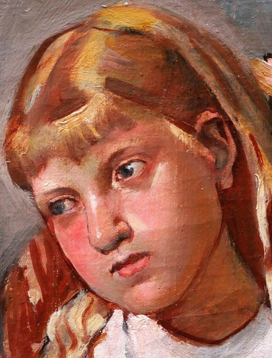 French School Circa 1930, Portrait Of A Little Blonde Girl-photo-2