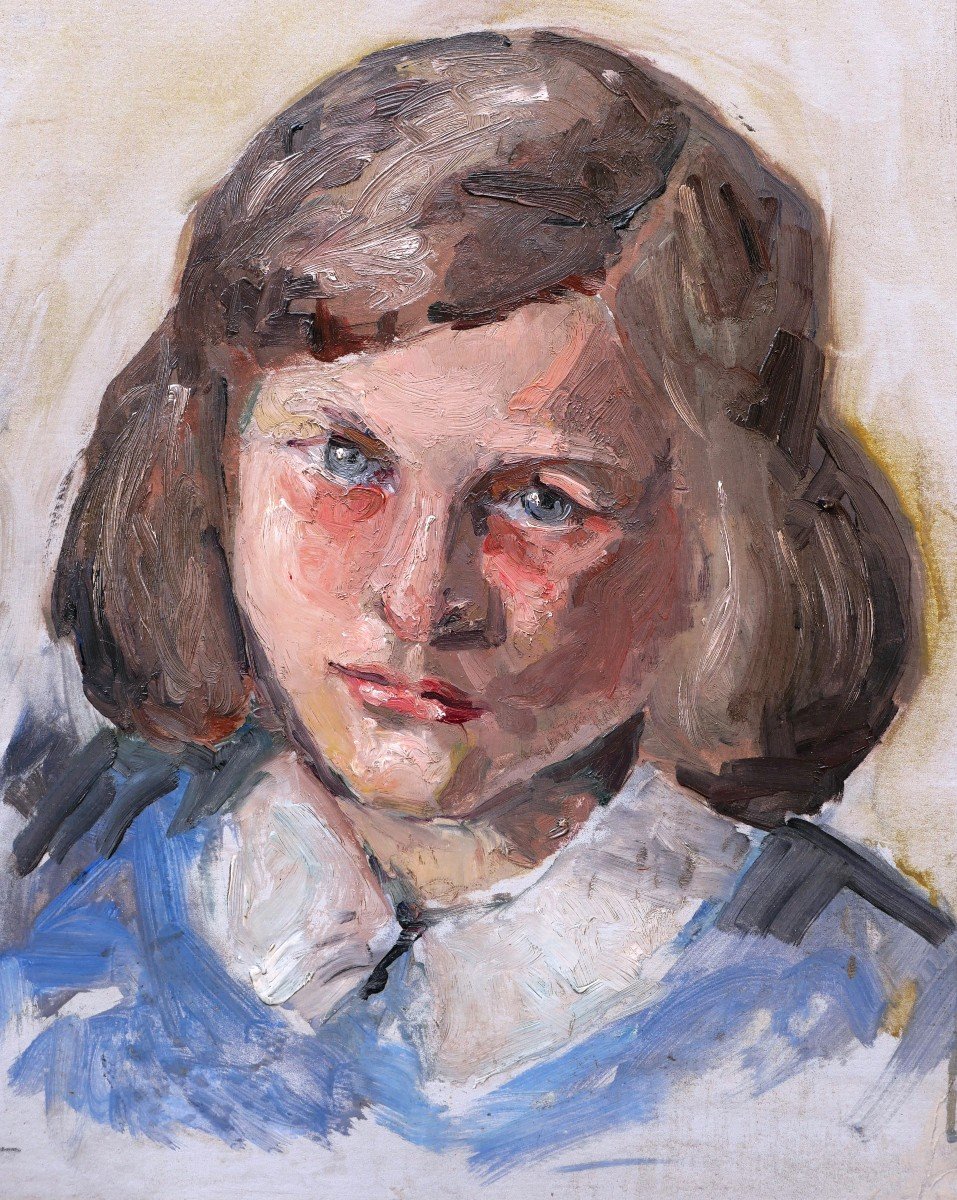École FRANÇAISE circa 1930, Portrait de petite fille brune aux yeux bleus-photo-2