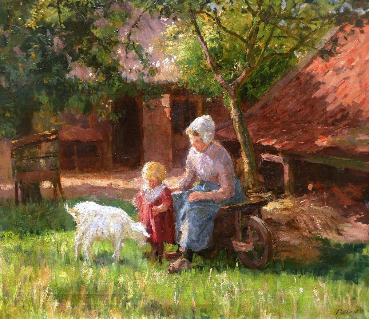 Bernard Jean Corneille POTHAST, Paysanne et sa fille dans une cour de ferme ensoleillée à Laren