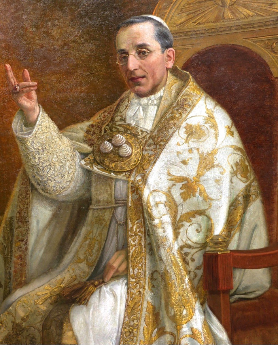 Emilio Vasarri, Portrait Of Pope Benedict XV On The Papal Throne (very Large Format)-photo-2