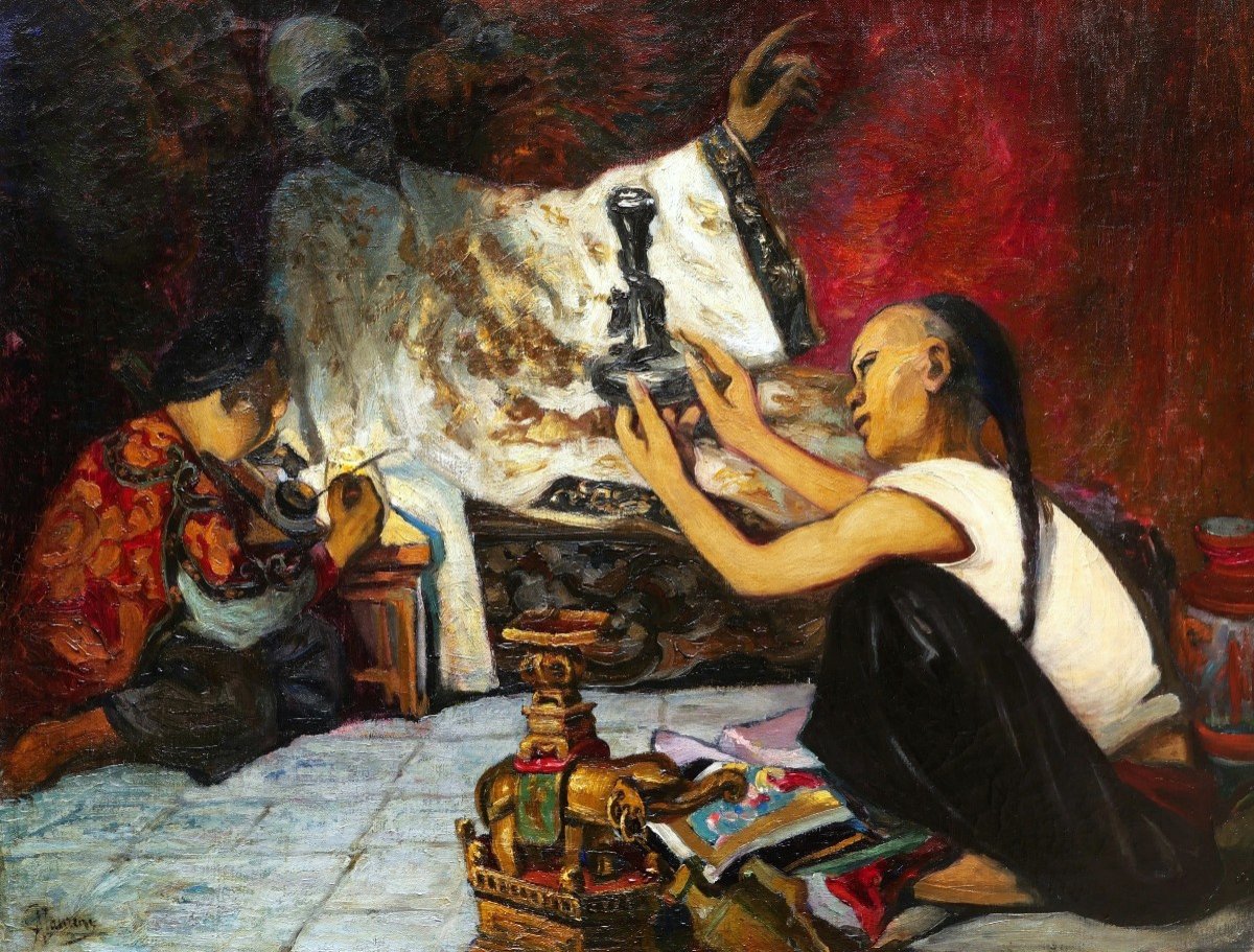 Camille Adolphe LAURENS, Scène chinoise : deux enfants avec un vieux fumeur d'opium