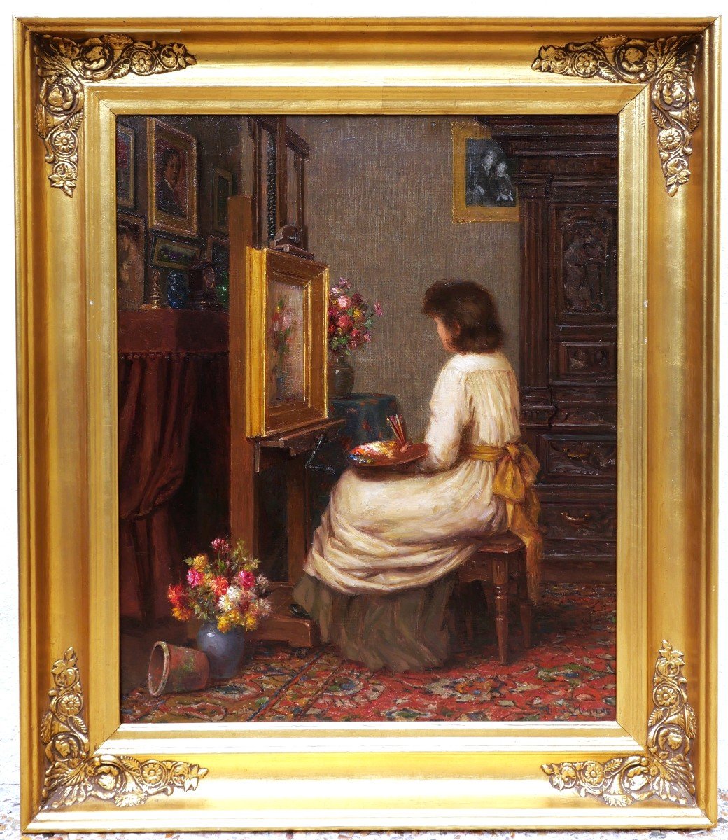 Emma MAGNUS, Autoportrait du peintre à son chevalet-photo-4